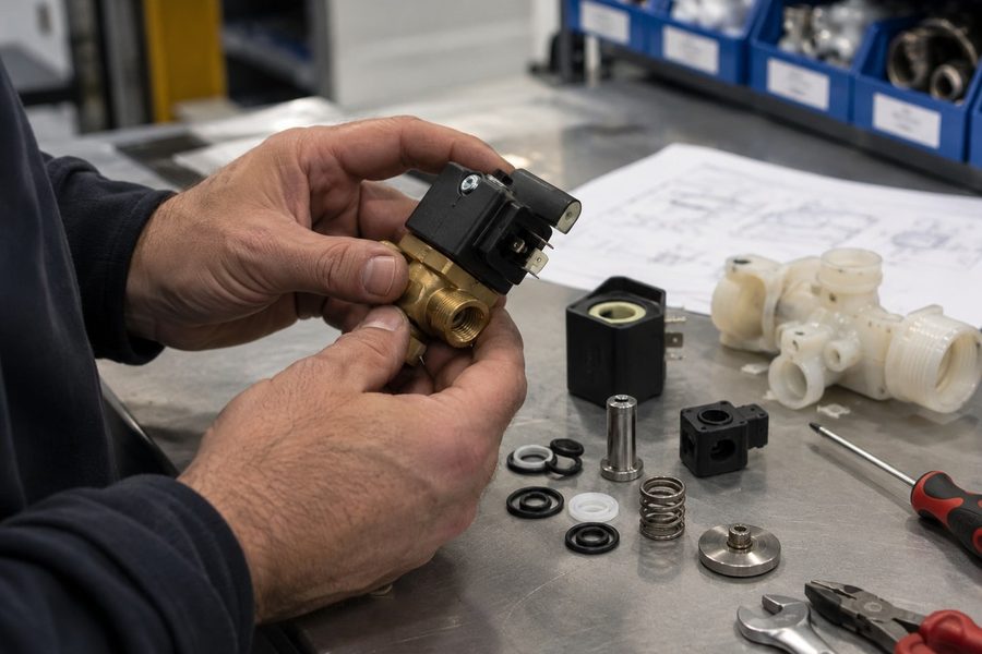 Électrovanne et pièces détachées de fermeture manipulées sur un établi du service pièces détachées JAVEY
