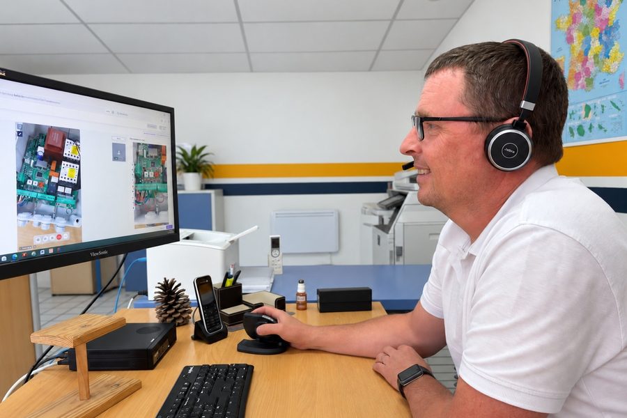 Technicien du service clientèle JAVEY au téléphone, casque sur les oreilles, devant l'écran de diagnostic d'une armoire de commande