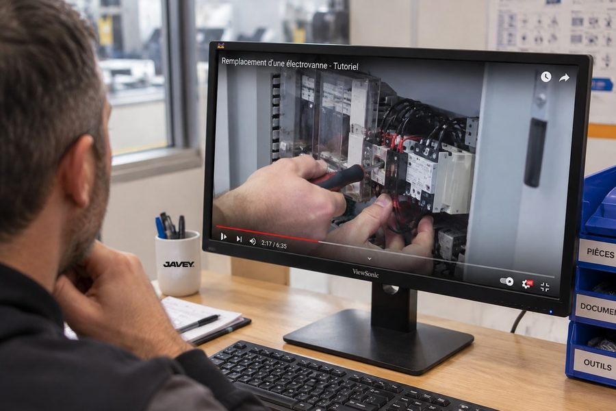 Installateur regardant un tutoriel vidéo JAVEY de remplacement d'une électrovanne sur son écran