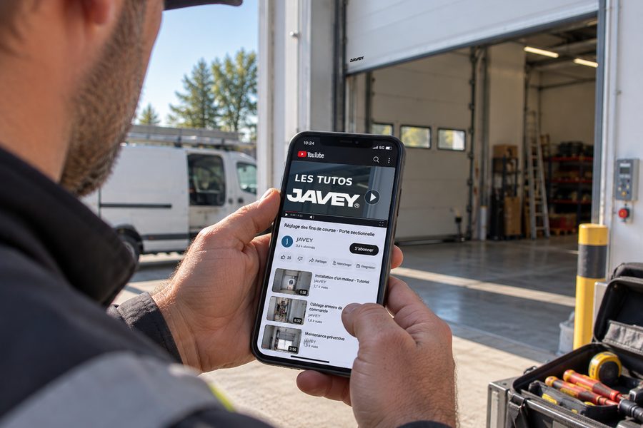 Installateur consultant les tutos JAVEY sur YouTube depuis son téléphone, devant une porte sectionnelle